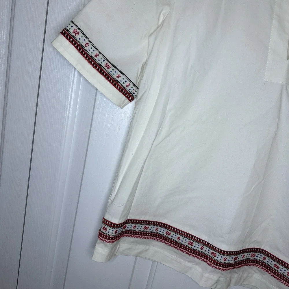 Tory Burch white poplin/red embroidery popover blouse, Size 0